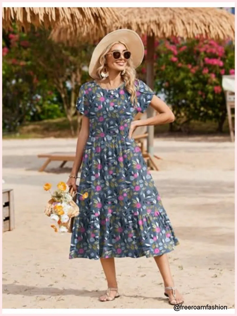 Women's Short Sleeve A-Line Midi Dress with Pockets Tiered Flowy Beach Sundress